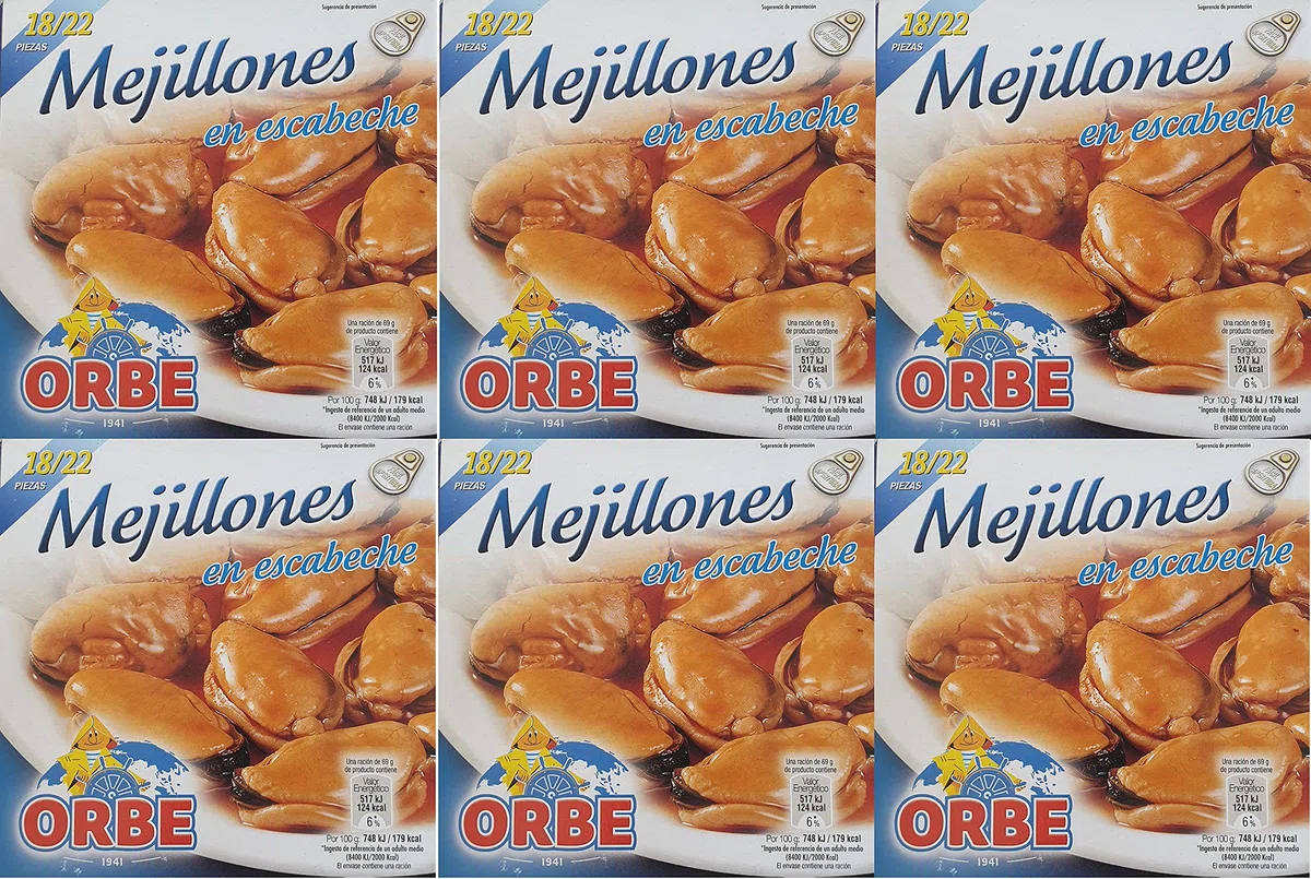 Mejillones en escabeche Orbe 18/22 piezas pandereta RO-120 [PACK 6 LATAS]
