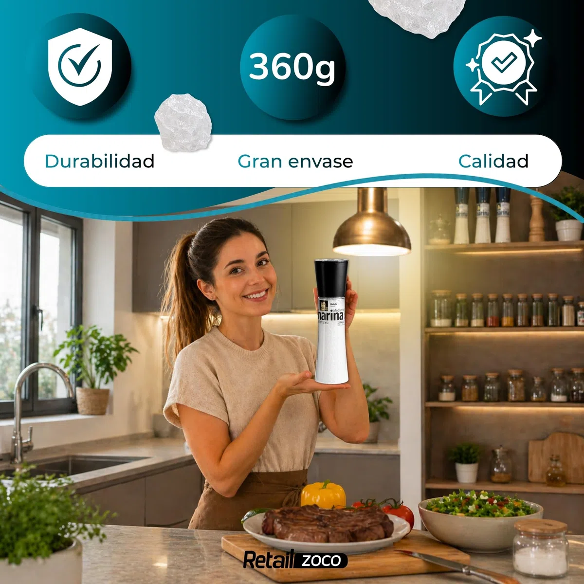 Sal Marina Mediterránea Carmencita, Formato molinillo gigante, Apta para realzar tus platos, sazonar carnes, pescados y verduras, especialmente a la parrilla, Sin Gluten, Contiene 2 unidades de 360 g