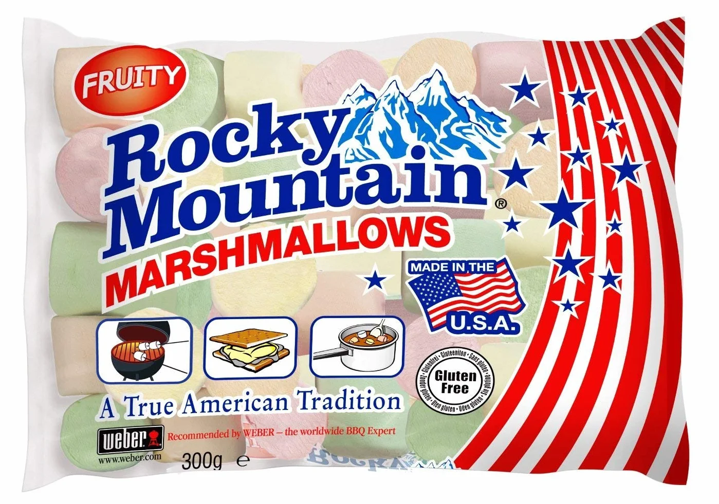 Rocky Mountain Marshmallows Fruity 4x300g, dulces tradicionales americanos para asar