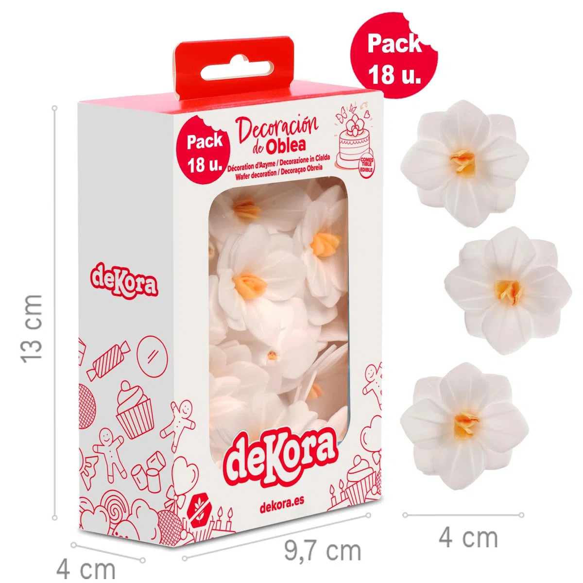 dekora – Flores Comestibles para tartas, 18 camelias blancas de oblea, 4 cm, sin azúcar, sin gluten, sin lactosa, Adornos Comestibles para Tartas, Cumpleaños y Bodas
