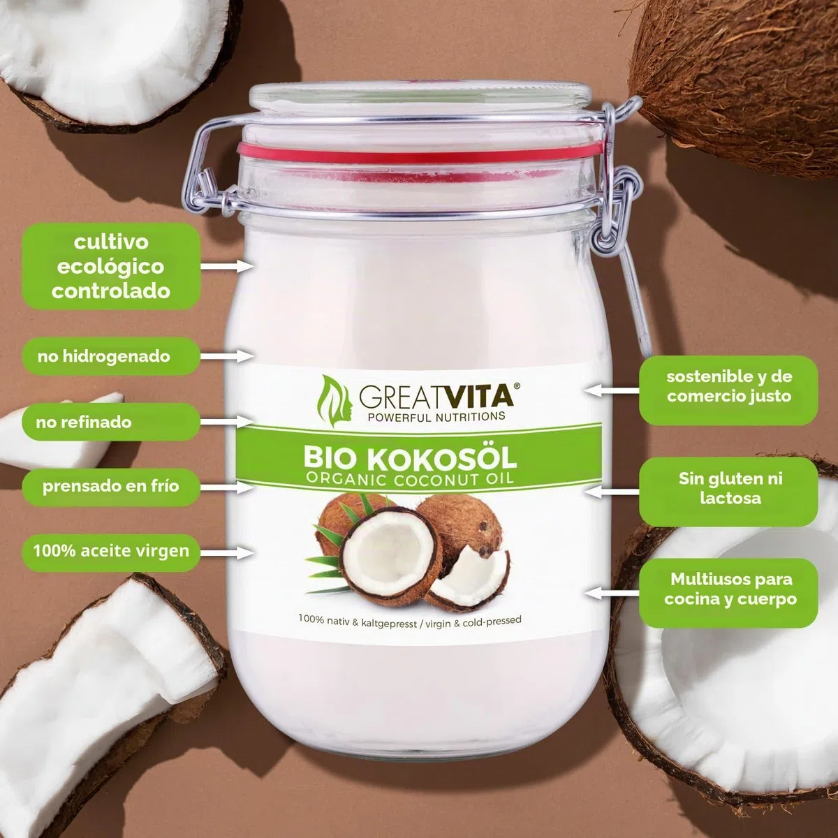Aceite puro de coco virgen extra orgánico MeaVita 1 Litre (1 X 1000 ml)