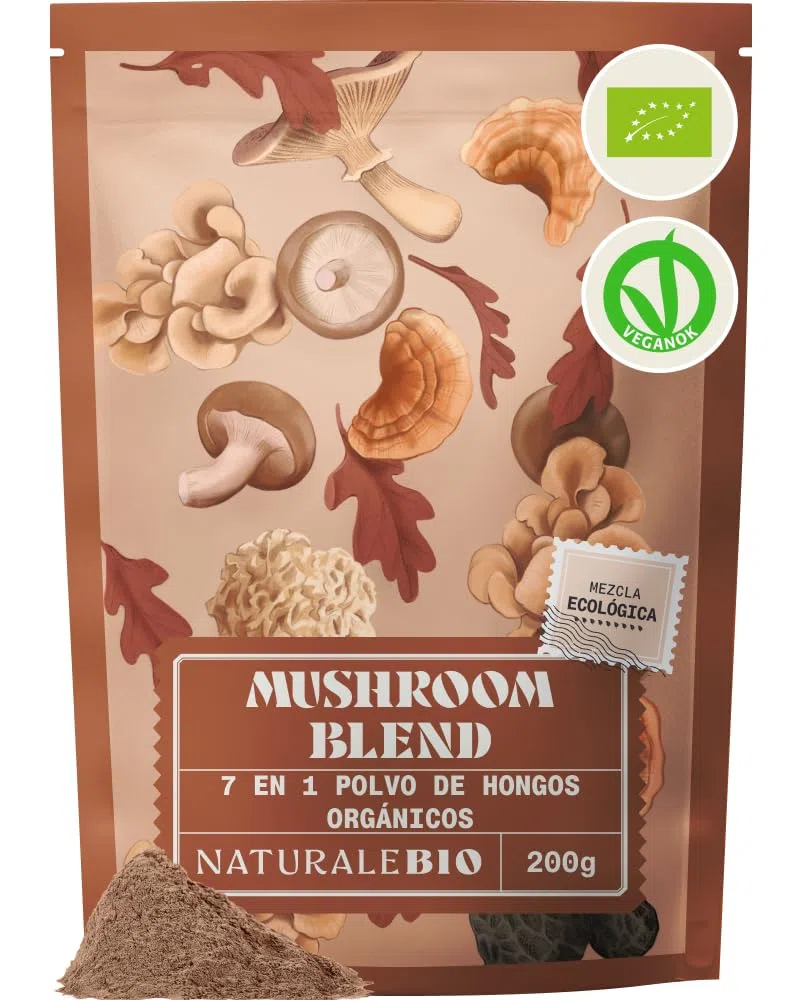 NaturaleBio Mezcla de Setas en Polvo de 200g. Aumenta la energía, Mejora la función cognitiva, favorece la Salud intestinal y fortalece el Sistema inmune. Ecológica, Vegana, sin Gluten y sin OGM.