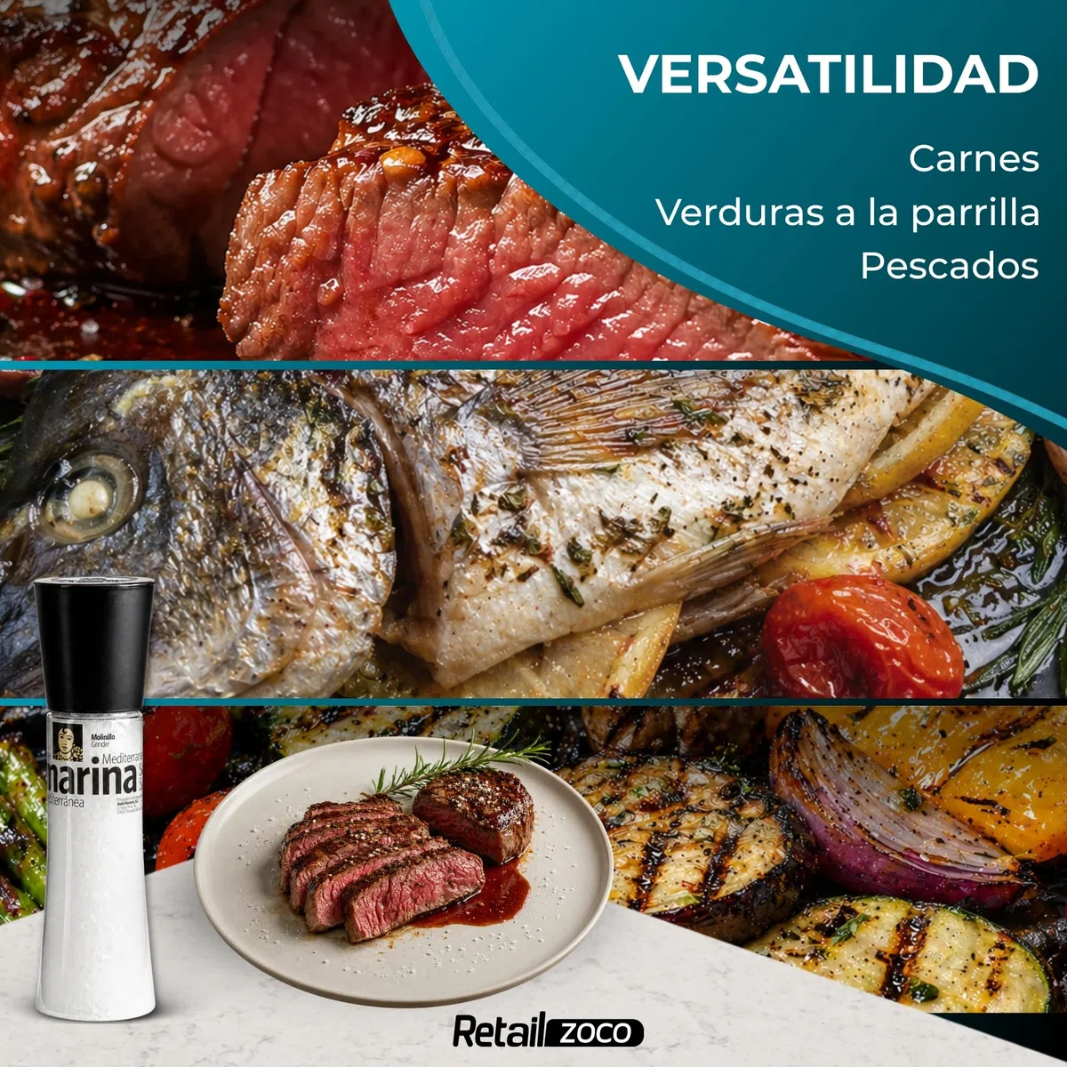 Sal Marina Mediterránea Carmencita, Formato molinillo gigante, Apta para realzar tus platos, sazonar carnes, pescados y verduras, especialmente a la parrilla, Sin Gluten, Contiene 2 unidades de 360 g